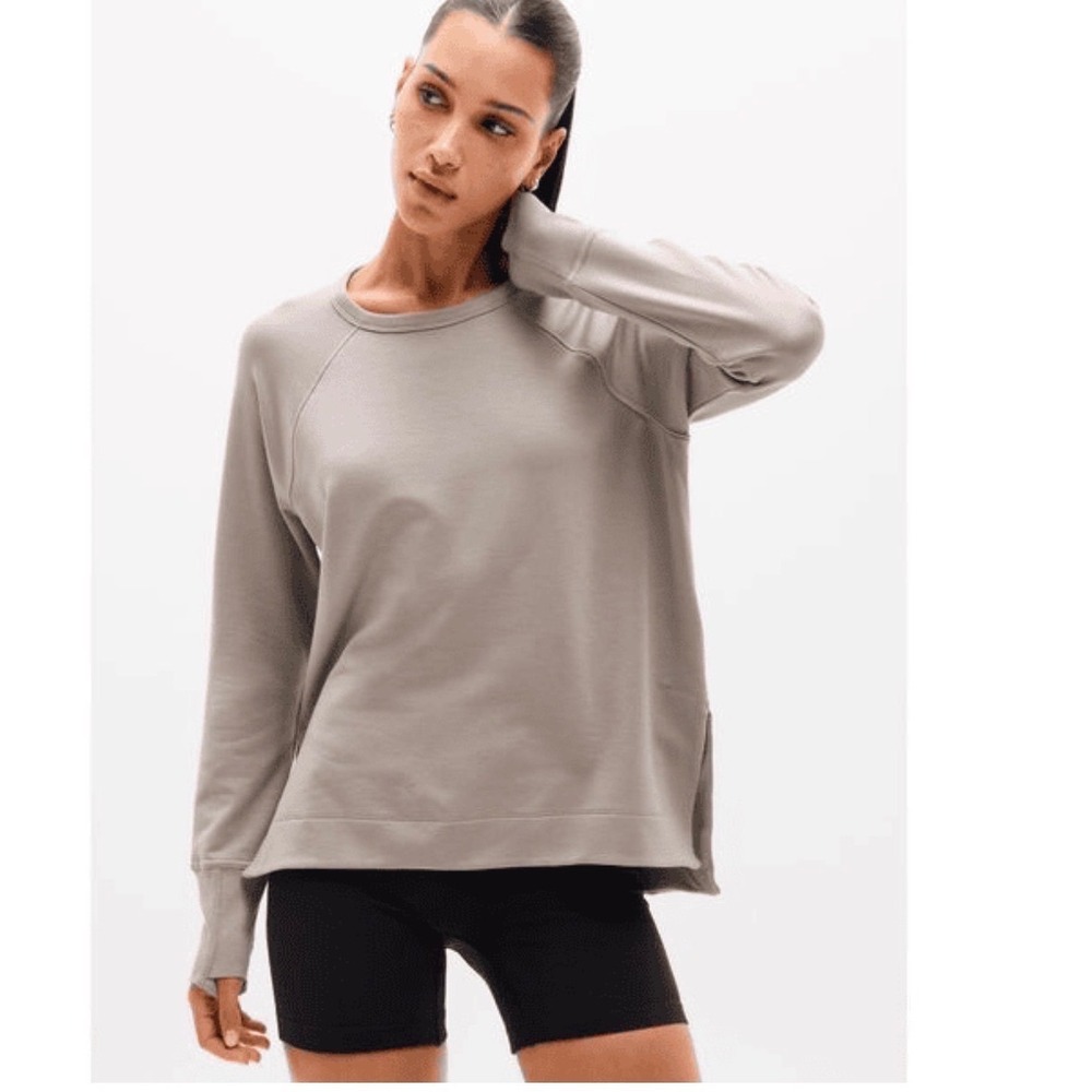 Athleta Coaster Luxe Sweatshirt XL Taupe Brown Fleece Pullover Thumbholes 534771